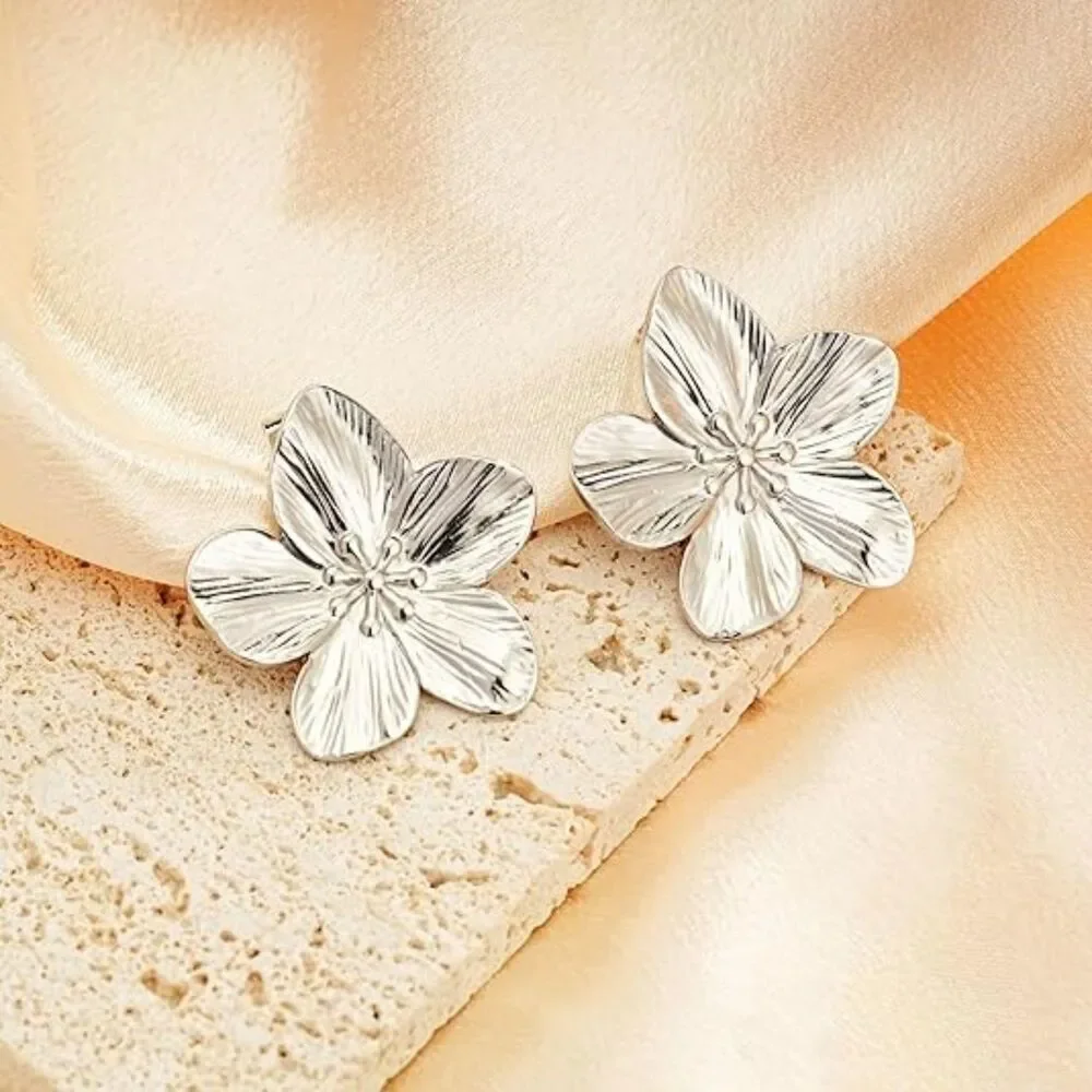 18K Gold Plated Statement Silver Earring Studs Hypoallergenic Big Floral Jewelry